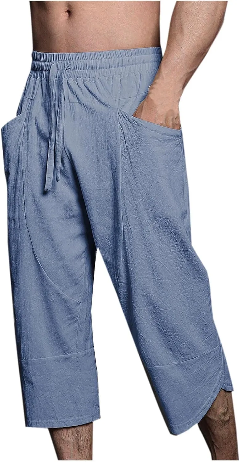 Mens Linen Pants Beach Casual Elastic Waist Pants Drawstring Summer Beach Pants Quick Dry Baggy Pants Moisture Wicking