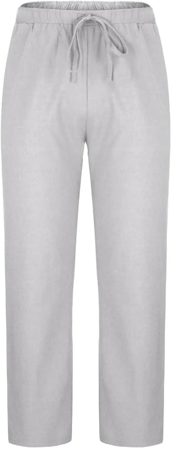 Mens Linen Pants Beach Casual Elastic Waist Pants Drawstring Summer Beach Pants Quick Dry Baggy Pants Moisture Wicking