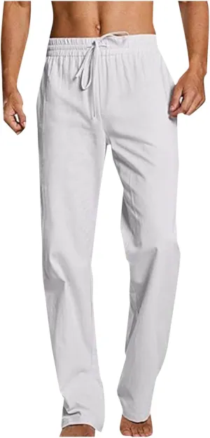 Mens Linen Pants Beach Casual Elastic Waist Pants Drawstring Summer Beach Pants Quick Dry Baggy Pants Moisture Wicking