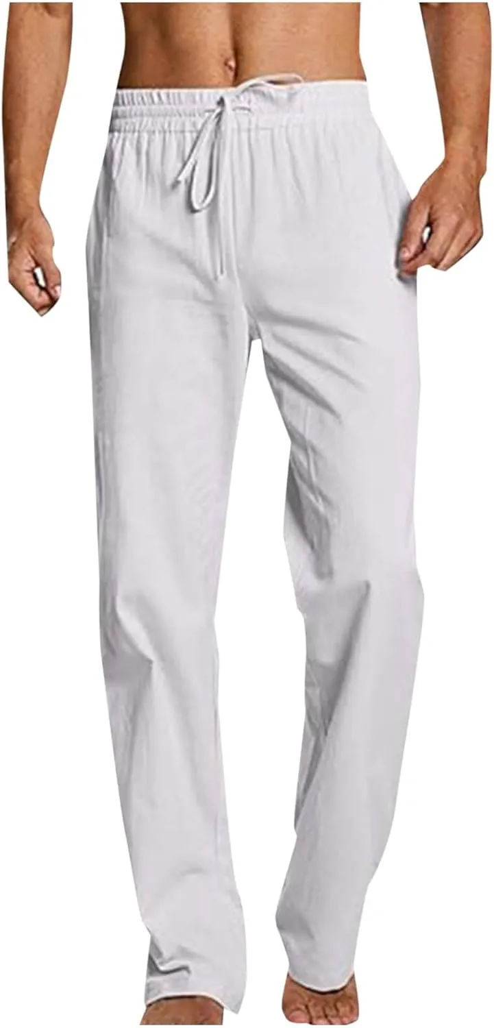 Mens Linen Pants Beach Casual Elastic Waist Pants Drawstring Summer Beach Pants Quick Dry Baggy Pants Moisture Wicking