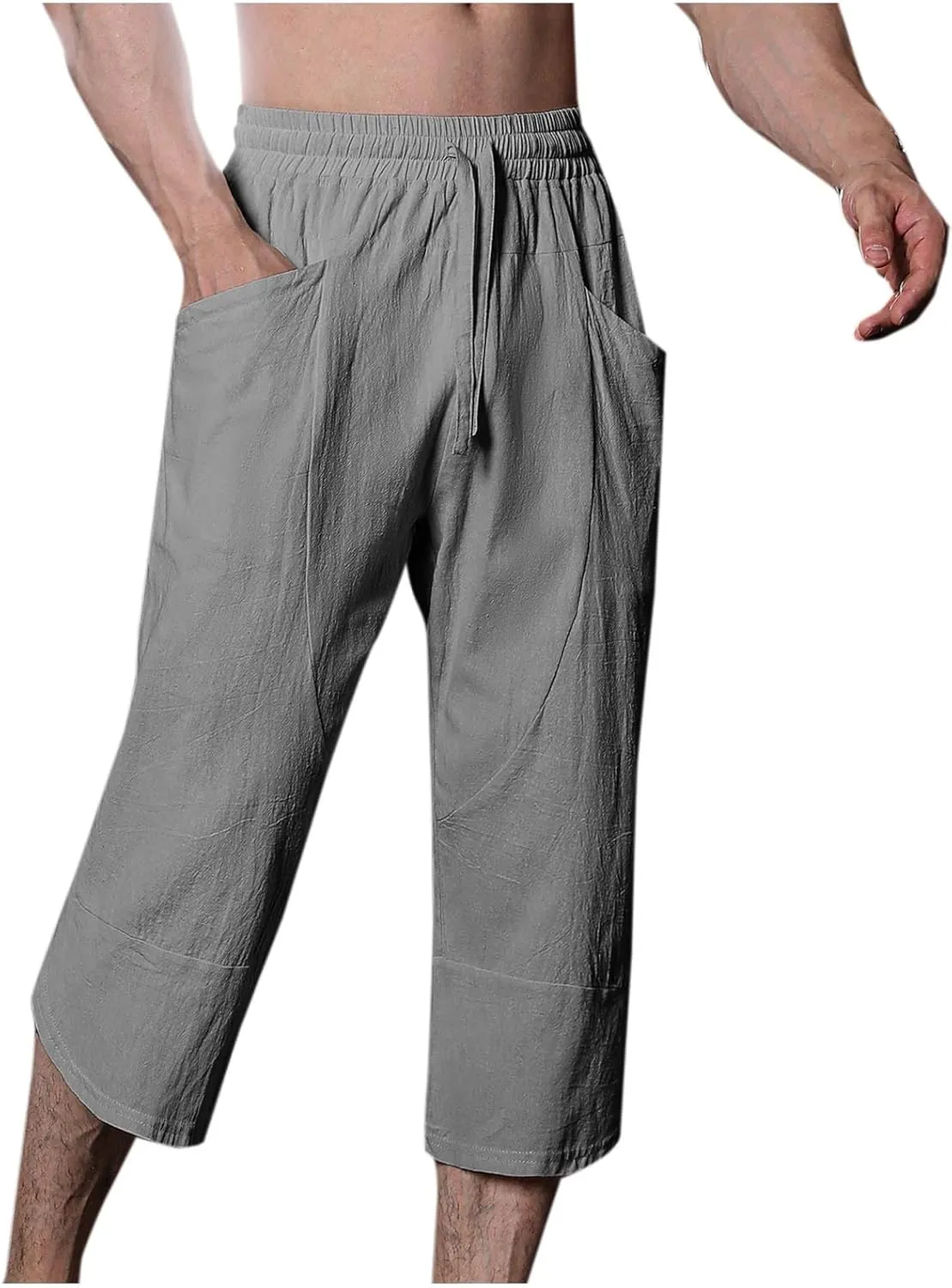 Mens Linen Pants Beach Casual Elastic Waist Pants Drawstring Summer Beach Pants Quick Dry Baggy Pants Moisture Wicking