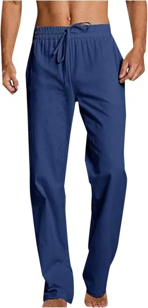 Mens Linen Pants Beach Casual Elastic Waist Pants Drawstring Summer Beach Pants Quick Dry Baggy Pants Moisture Wicking