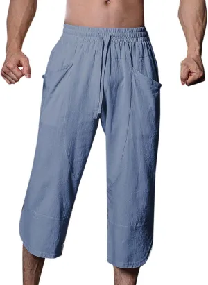 Mens Linen Pants Beach Casual Elastic Waist Pants Drawstring Summer Beach Pants Quick Dry Baggy Pants Moisture Wicking