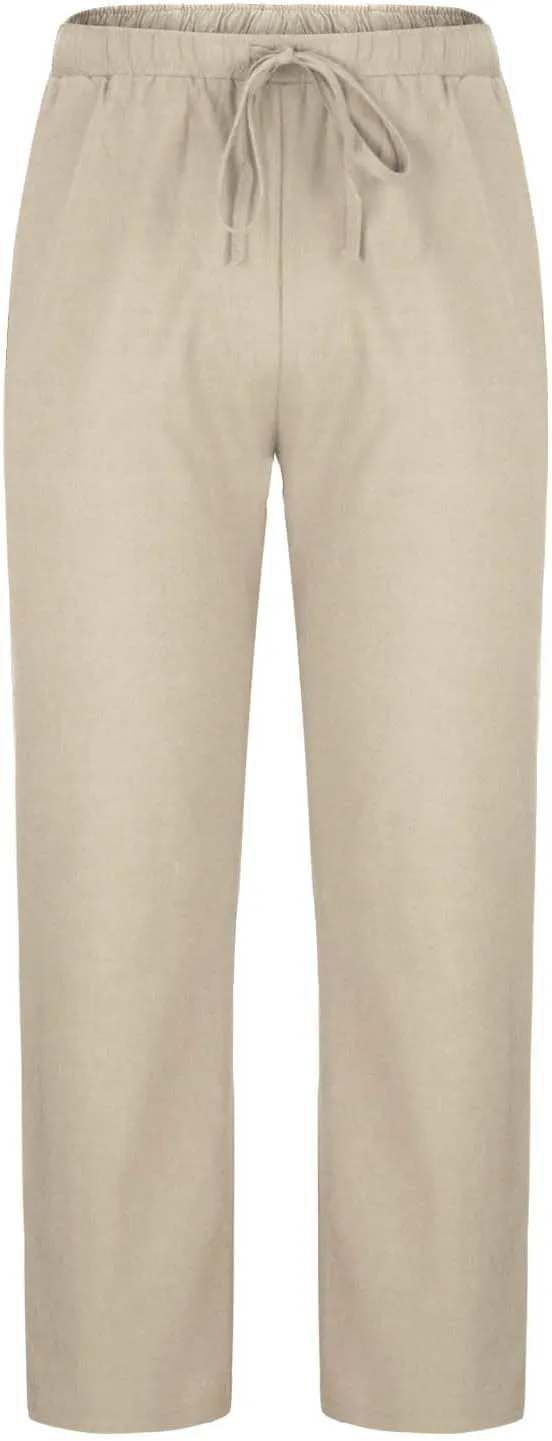 Mens Linen Pants Beach Casual Elastic Waist Pants Drawstring Summer Beach Pants Quick Dry Baggy Pants Moisture Wicking