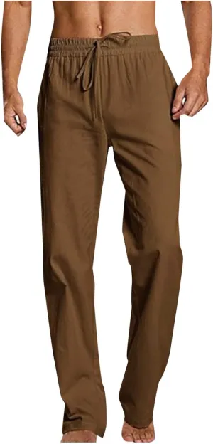 Mens Linen Pants Beach Casual Elastic Waist Pants Drawstring Summer Beach Pants Quick Dry Baggy Pants Moisture Wicking