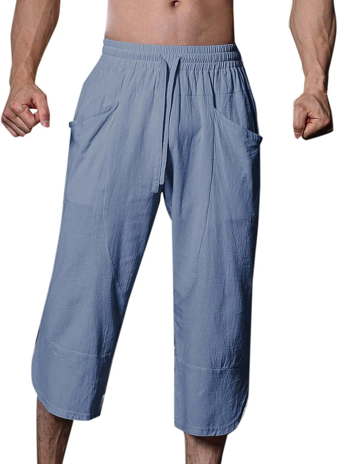 Mens Linen Pants Beach Casual Elastic Waist Pants Drawstring Summer Beach Pants Quick Dry Baggy Pants Moisture Wicking