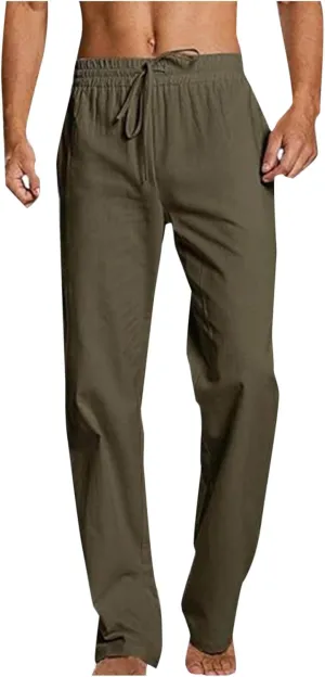 Mens Linen Pants Beach Casual Elastic Waist Pants Drawstring Summer Beach Pants Quick Dry Baggy Pants Moisture Wicking