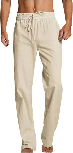 Mens Linen Pants Beach Casual Elastic Waist Pants Drawstring Summer Beach Pants Quick Dry Baggy Pants Moisture Wicking