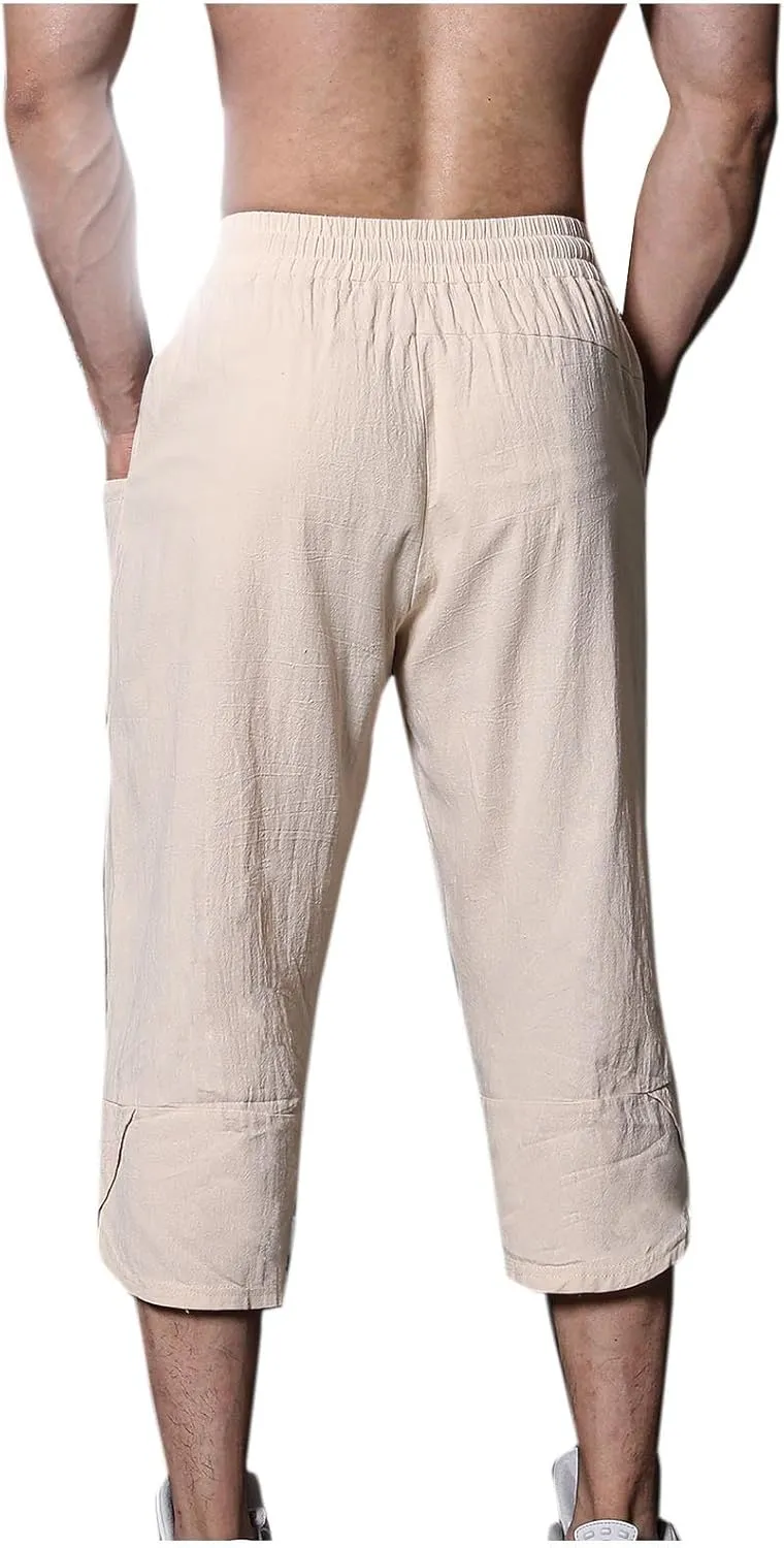 Mens Linen Pants Beach Casual Elastic Waist Pants Drawstring Summer Beach Pants Quick Dry Baggy Pants Moisture Wicking