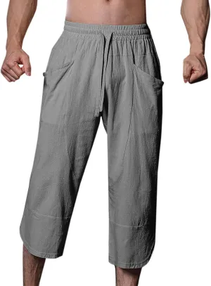 Mens Linen Pants Beach Casual Elastic Waist Pants Drawstring Summer Beach Pants Quick Dry Baggy Pants Moisture Wicking