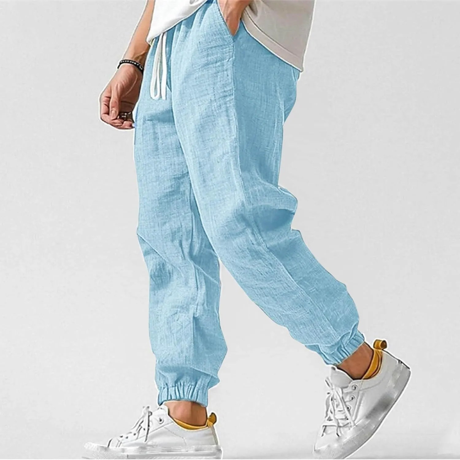 Men's Linen Pants for Summer Straight Leg Comfy Fit Baggy Cropped Solid Trouser Slacks Summer with Pockets