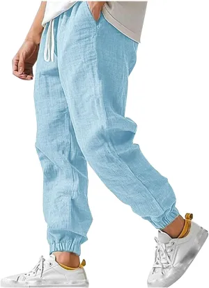 Men's Linen Pants for Summer Straight Leg Comfy Fit Baggy Cropped Solid Trouser Slacks Summer with Pockets