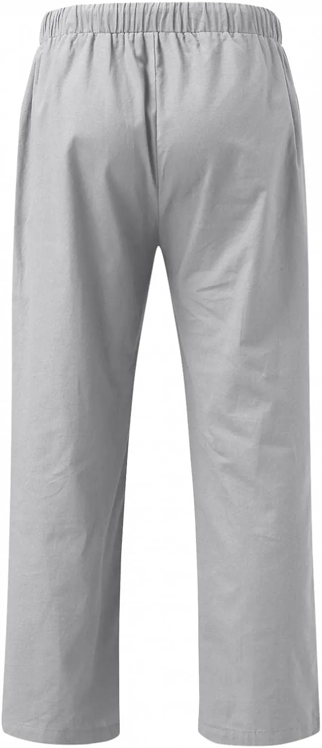 Mens Linen Straight Pants Drawstring Straight Elastic Waist Lightweight Casual Loose Pants Stretch Jogger Trousers