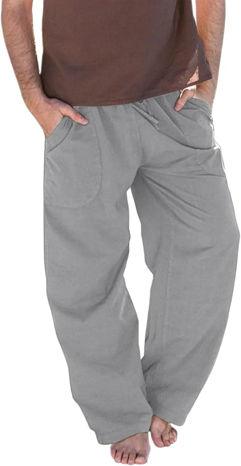 Mens Linen Straight Pants Drawstring Straight Elastic Waist Lightweight Casual Loose Pants Stretch Jogger Trousers