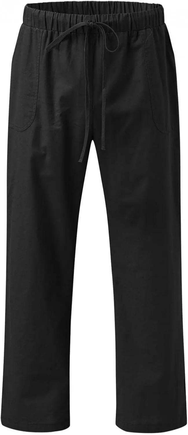 Mens Linen Straight Pants Drawstring Straight Elastic Waist Lightweight Casual Loose Pants Stretch Jogger Trousers