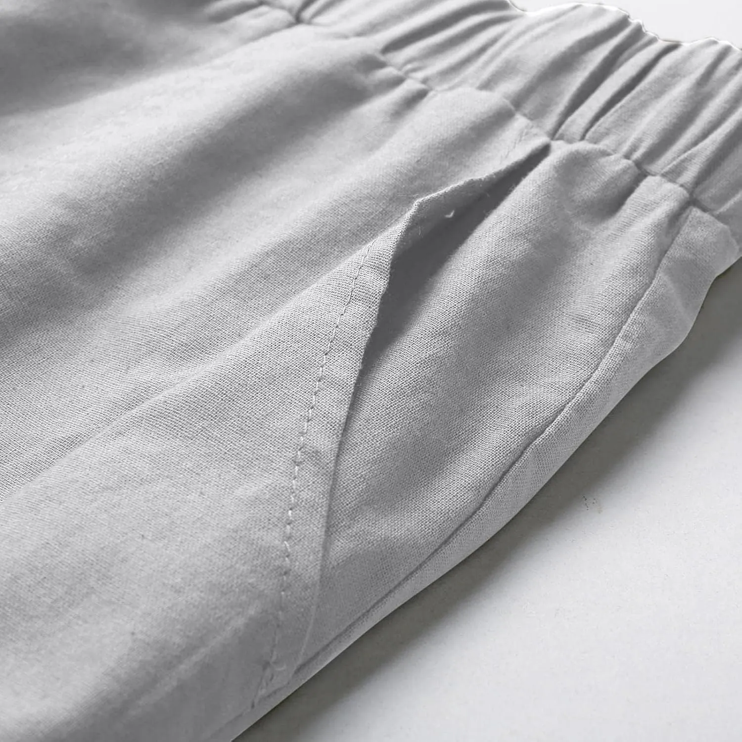 Mens Linen Straight Pants Drawstring Straight Elastic Waist Lightweight Casual Loose Pants Stretch Jogger Trousers