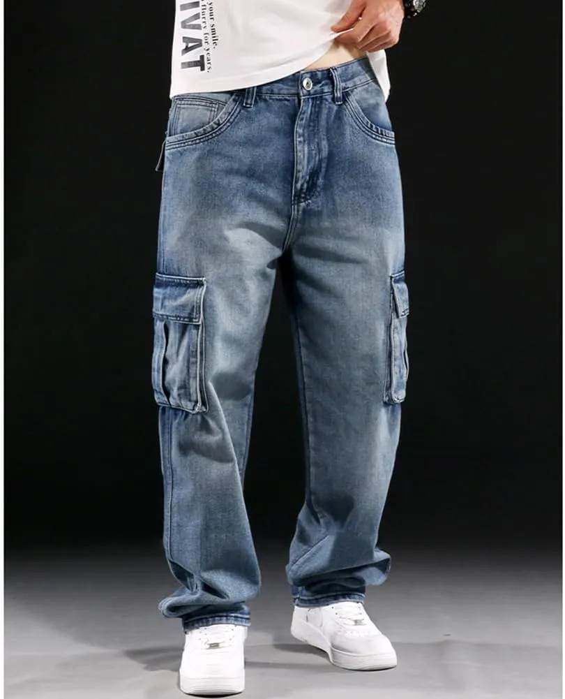 Mens Loose Fit Hip Hop Jeans Casual Cargo Denim Pants with Multi Pockets
