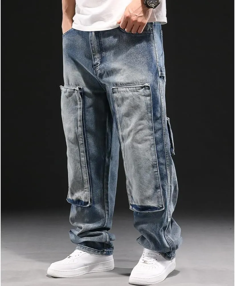 Mens Loose Fit Hip Hop Jeans Casual Cargo Denim Pants with Multi Pockets