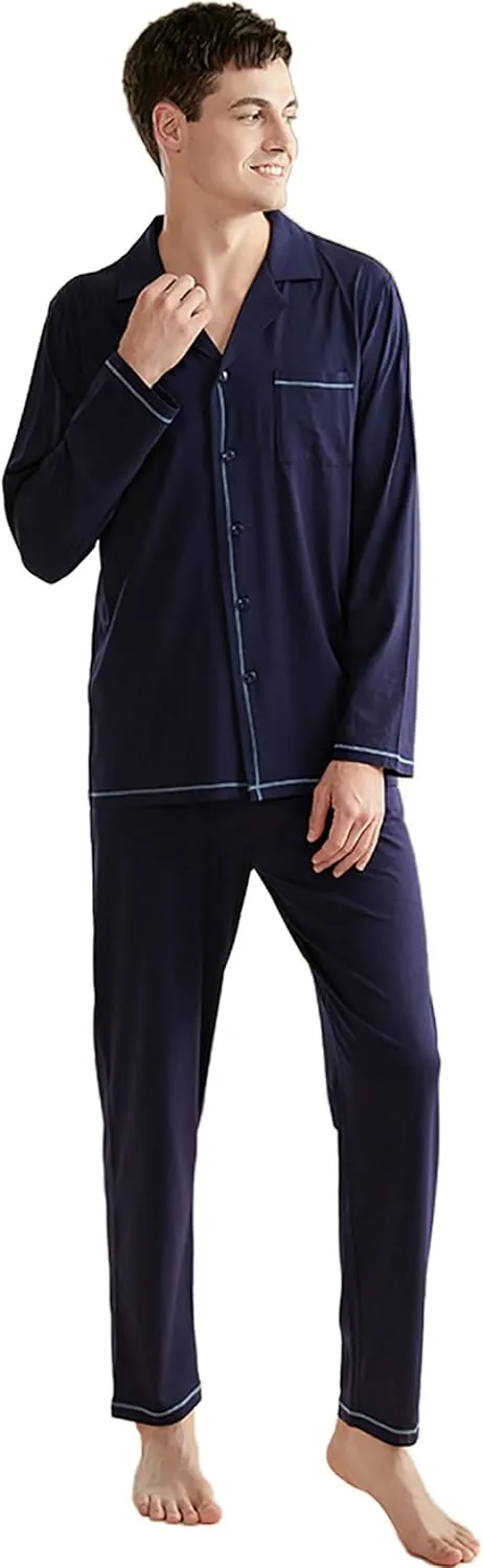 Men's Modal Sleepwear Button-Down Lounge Pajamas Long Sleeves And Pants Set