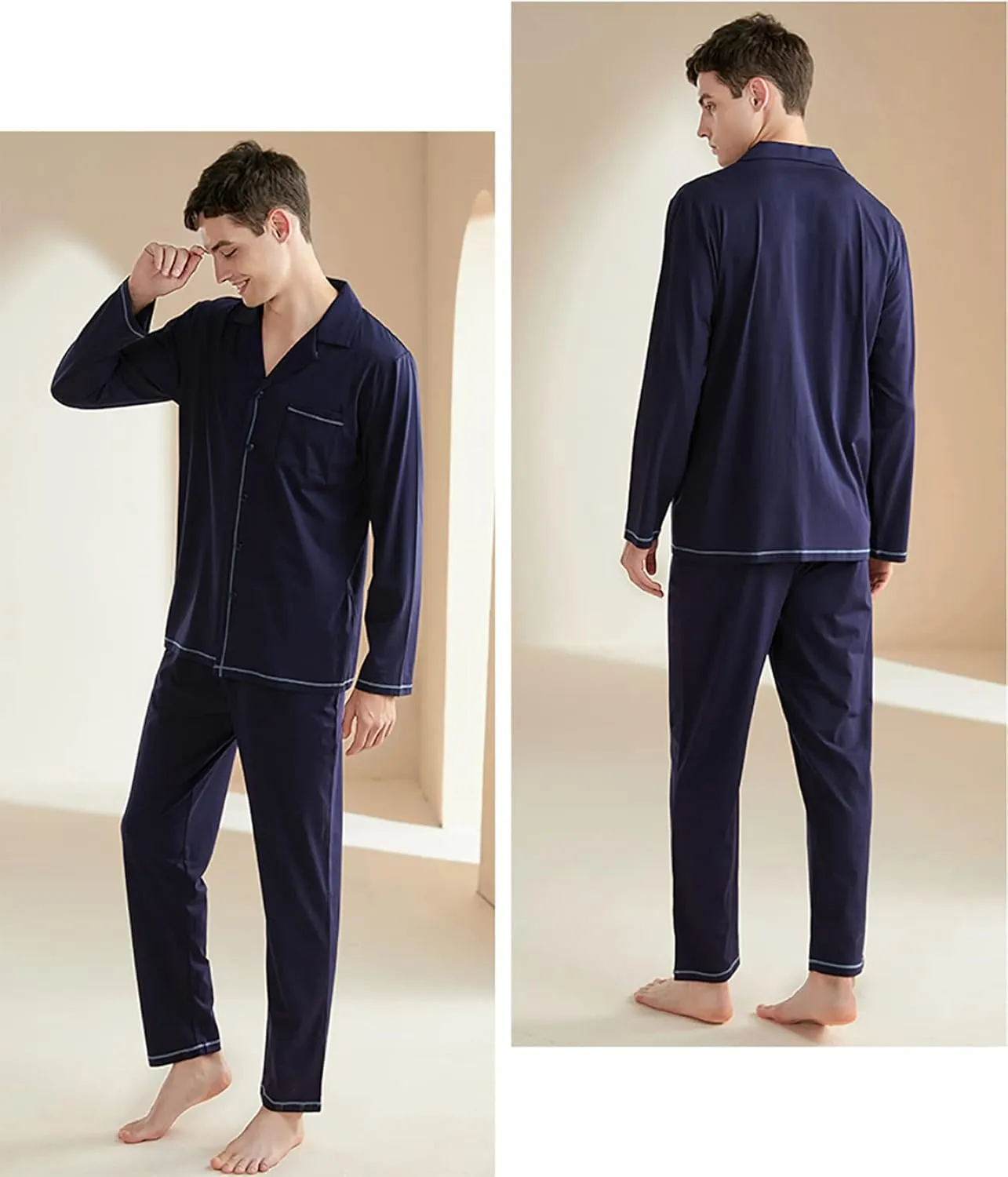Men's Modal Sleepwear Button-Down Lounge Pajamas Long Sleeves And Pants Set