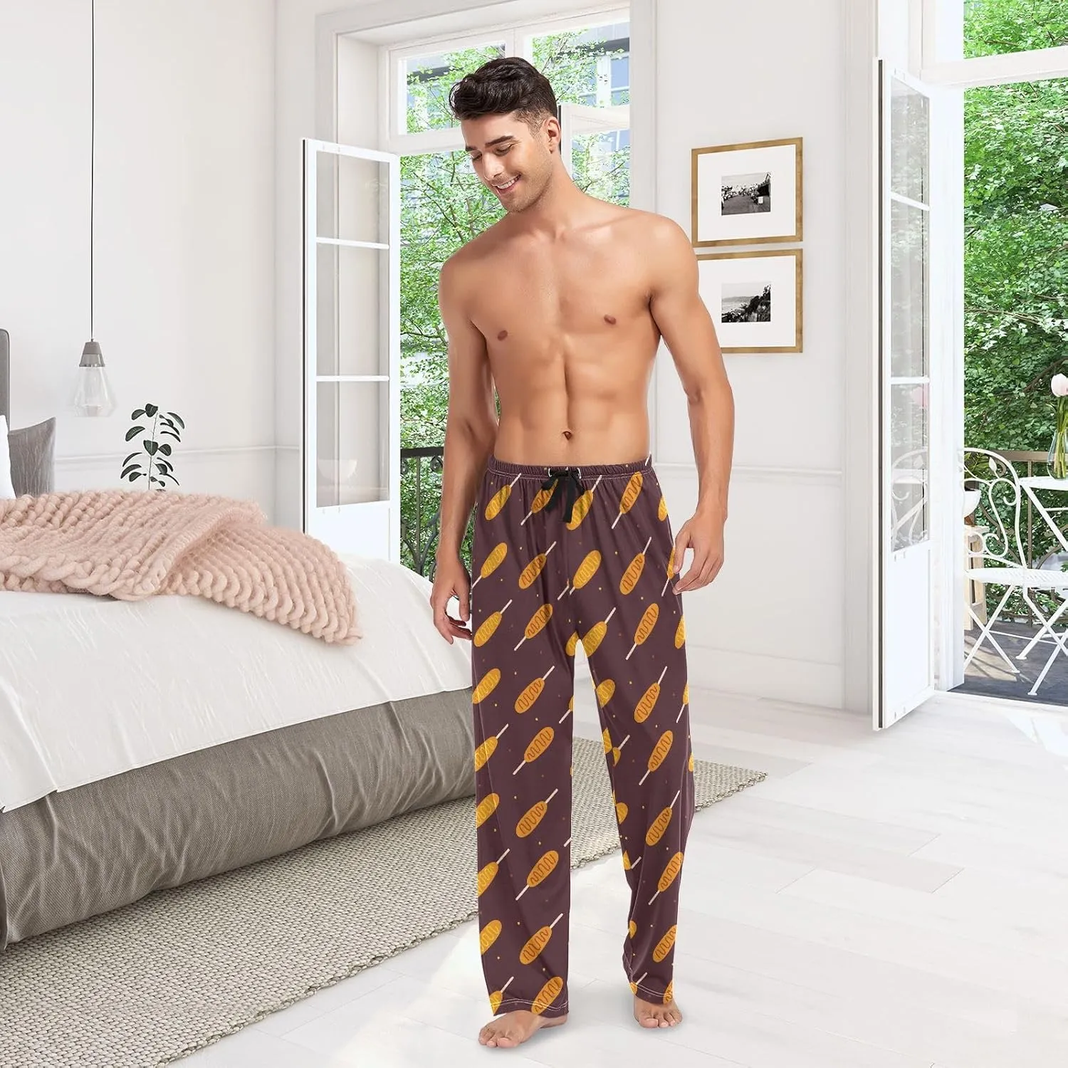 Mens Pajama Bottoms with Pockets Cartoon Corn Dogs Super Soft Wide Leg Sleep Lounge Pants for Men S