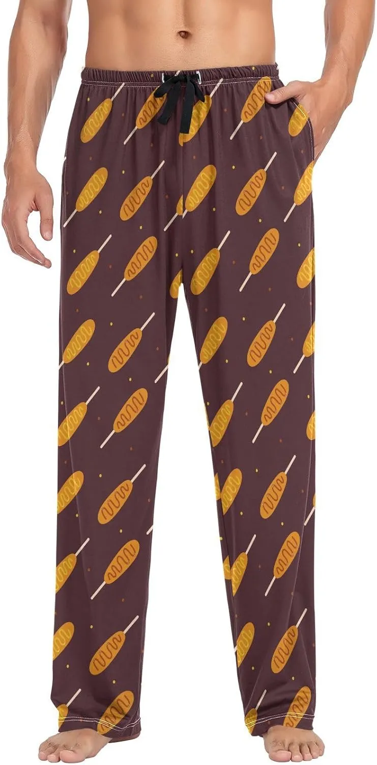 Mens Pajama Bottoms with Pockets Cartoon Corn Dogs Super Soft Wide Leg Sleep Lounge Pants for Men S
