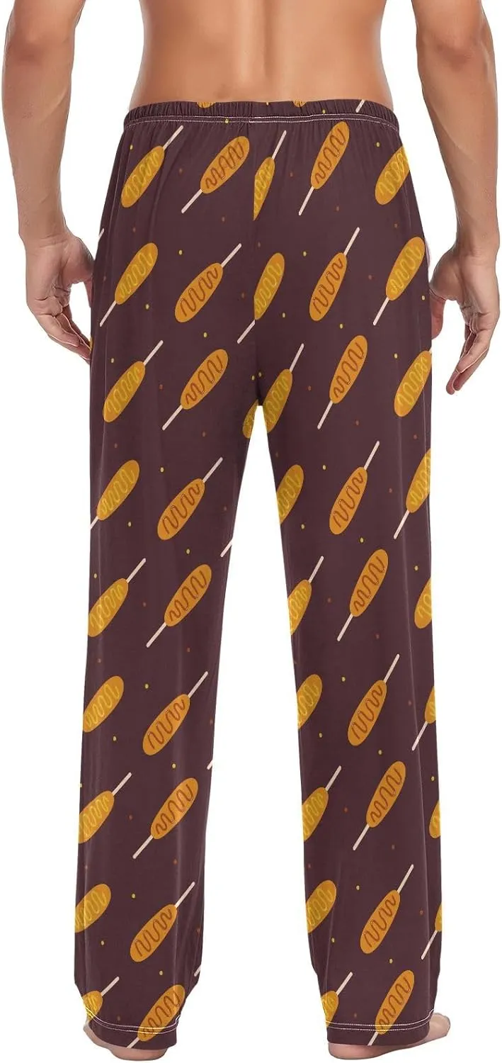 Mens Pajama Bottoms with Pockets Cartoon Corn Dogs Super Soft Wide Leg Sleep Lounge Pants for Men S