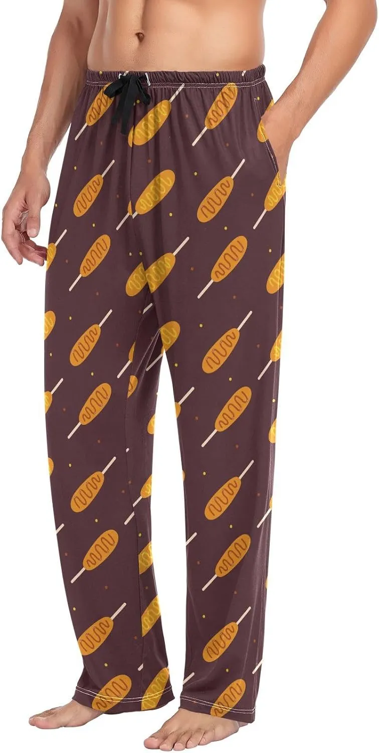 Mens Pajama Bottoms with Pockets Cartoon Corn Dogs Super Soft Wide Leg Sleep Lounge Pants for Men S