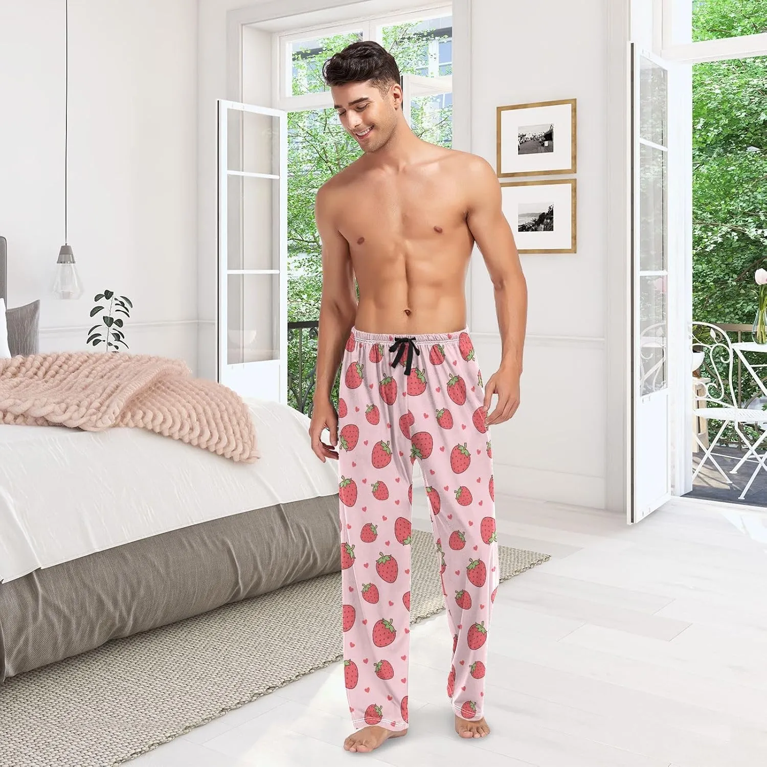 Mens Pajama Bottoms with Pockets Cute Heart and Strawberry Super Soft Wide Leg Sleep Lounge Pants for Men S