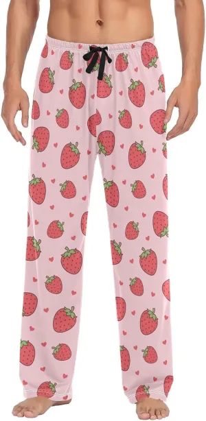 Mens Pajama Bottoms with Pockets Cute Heart and Strawberry Super Soft Wide Leg Sleep Lounge Pants for Men S