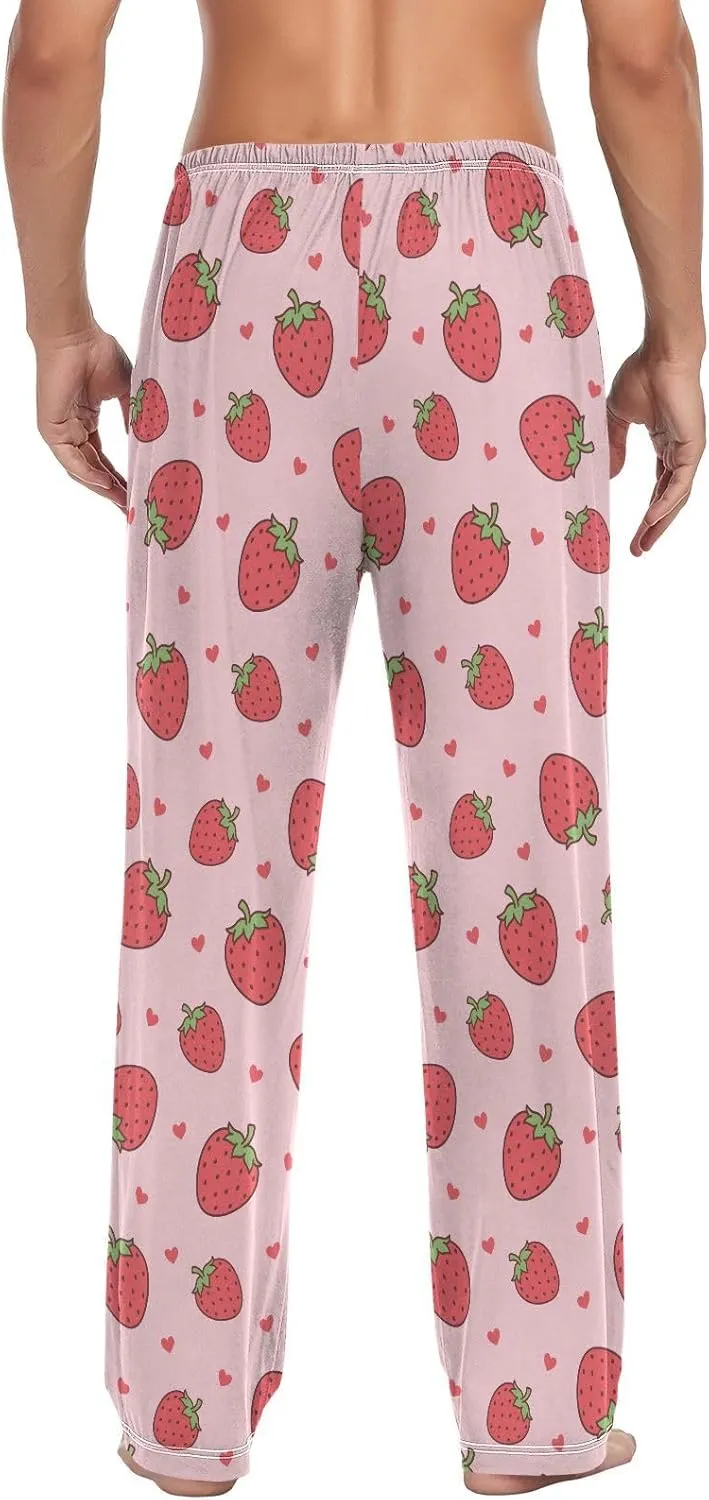 Mens Pajama Bottoms with Pockets Cute Heart and Strawberry Super Soft Wide Leg Sleep Lounge Pants for Men S