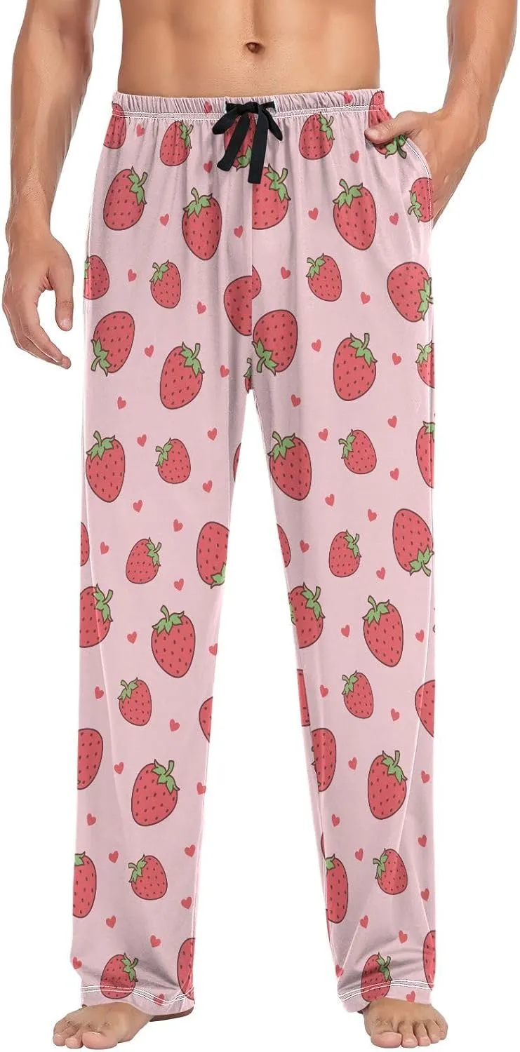 Mens Pajama Bottoms with Pockets Cute Heart and Strawberry Super Soft Wide Leg Sleep Lounge Pants for Men S