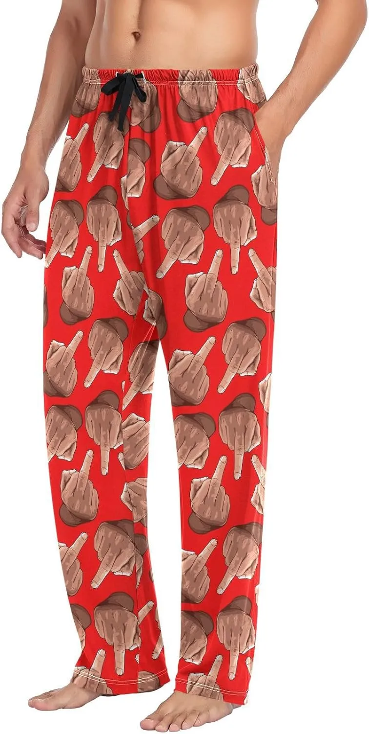 Mens Pajama Bottoms with Pockets Funny Middle Finger Pattern Super Soft Wide Leg Sleep Lounge Pants for Men S