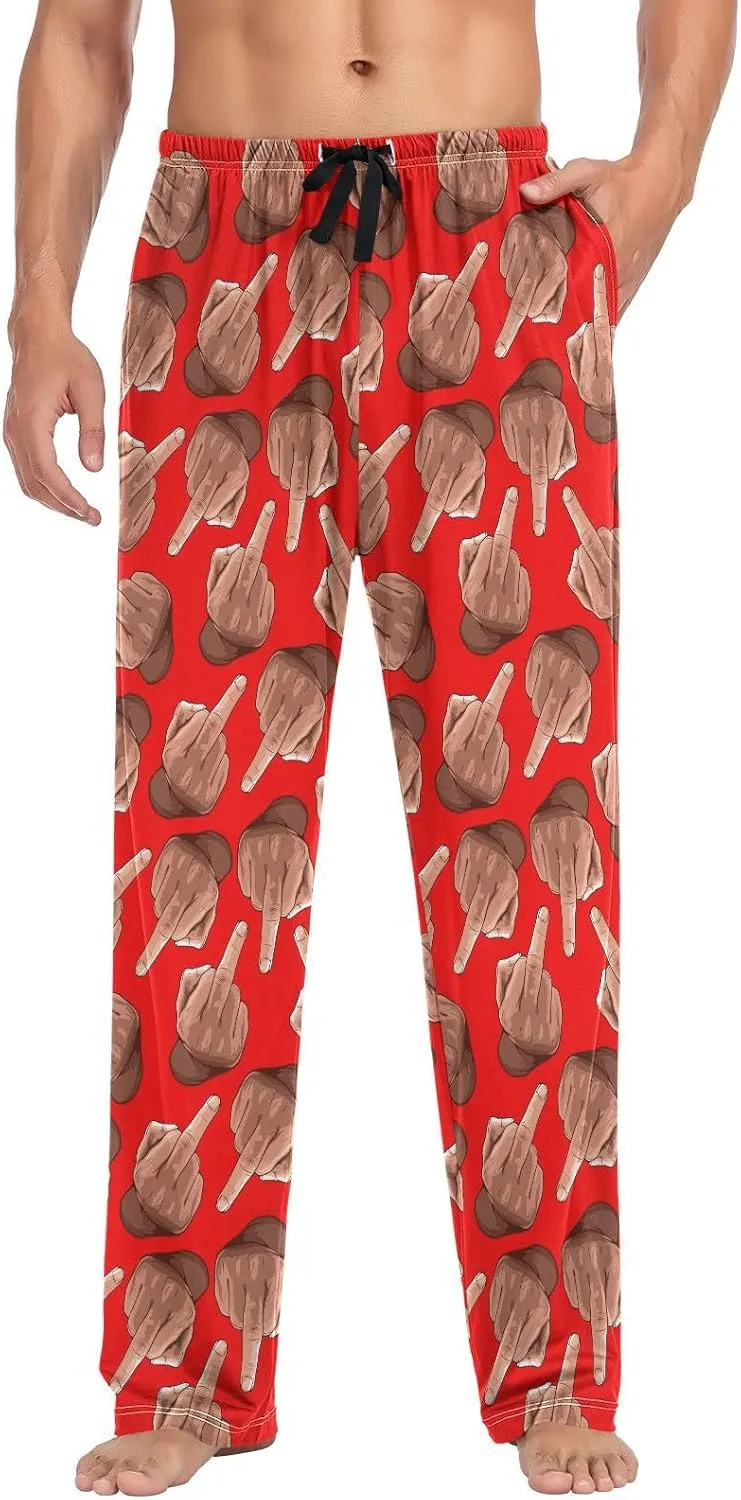Mens Pajama Bottoms with Pockets Funny Middle Finger Pattern Super Soft Wide Leg Sleep Lounge Pants for Men S