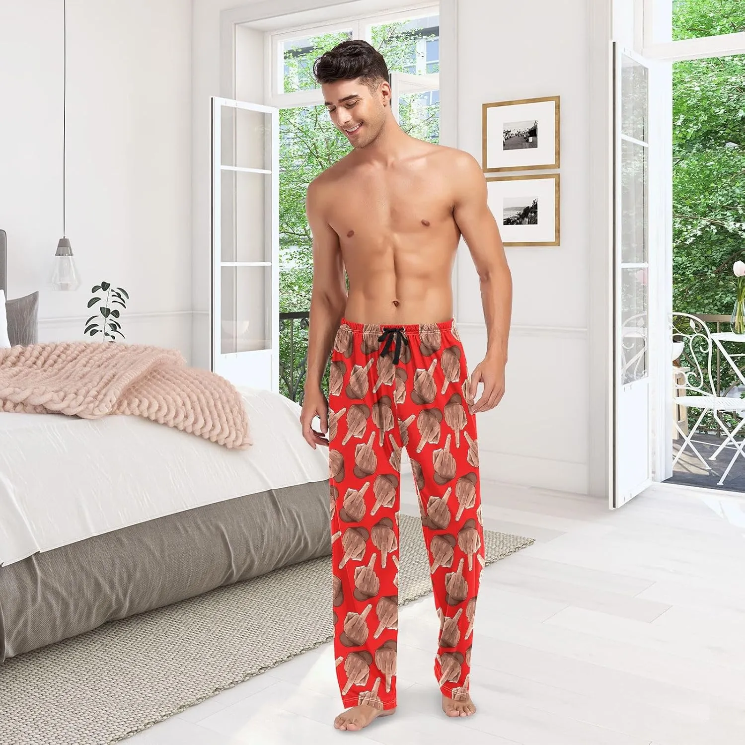 Mens Pajama Bottoms with Pockets Funny Middle Finger Pattern Super Soft Wide Leg Sleep Lounge Pants for Men S