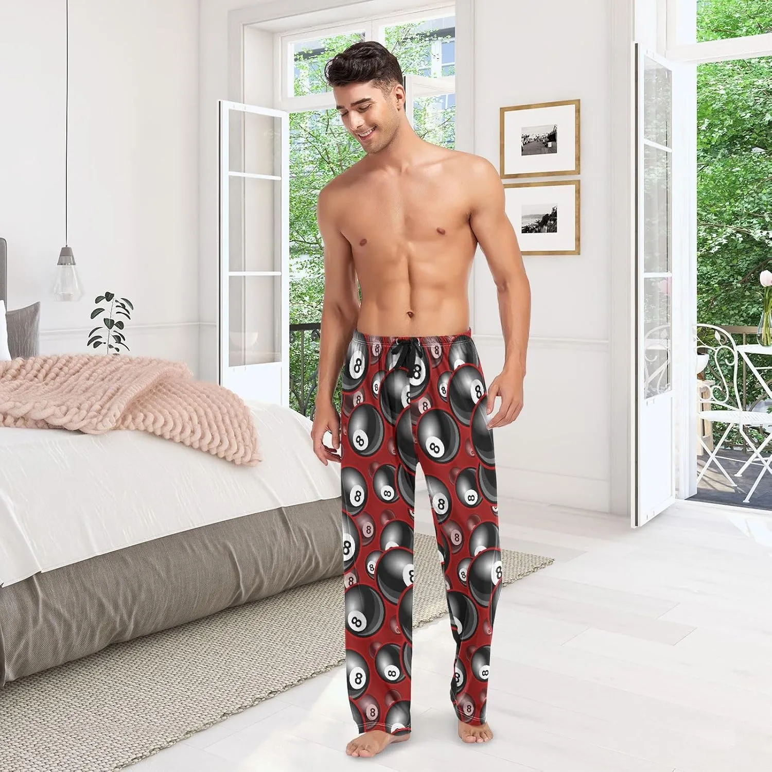 Mens Pajama Bottoms with Pockets Pool Snooker 8 Ball Super Soft Wide Leg Sleep Lounge Pants for Men S