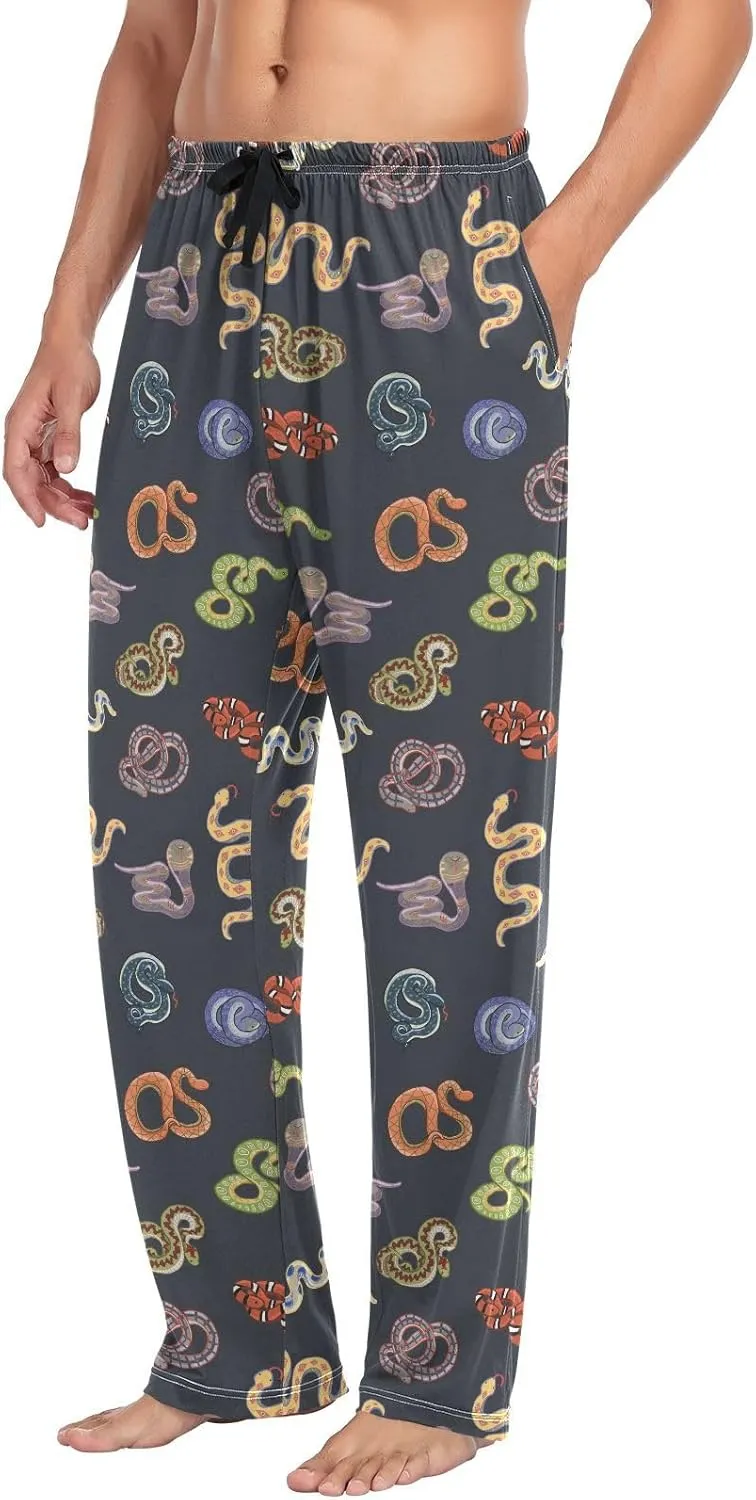 Mens Pajama Bottoms with Pockets Snake Animal Pattern Super Soft Wide Leg Sleep Lounge Pants for Men S
