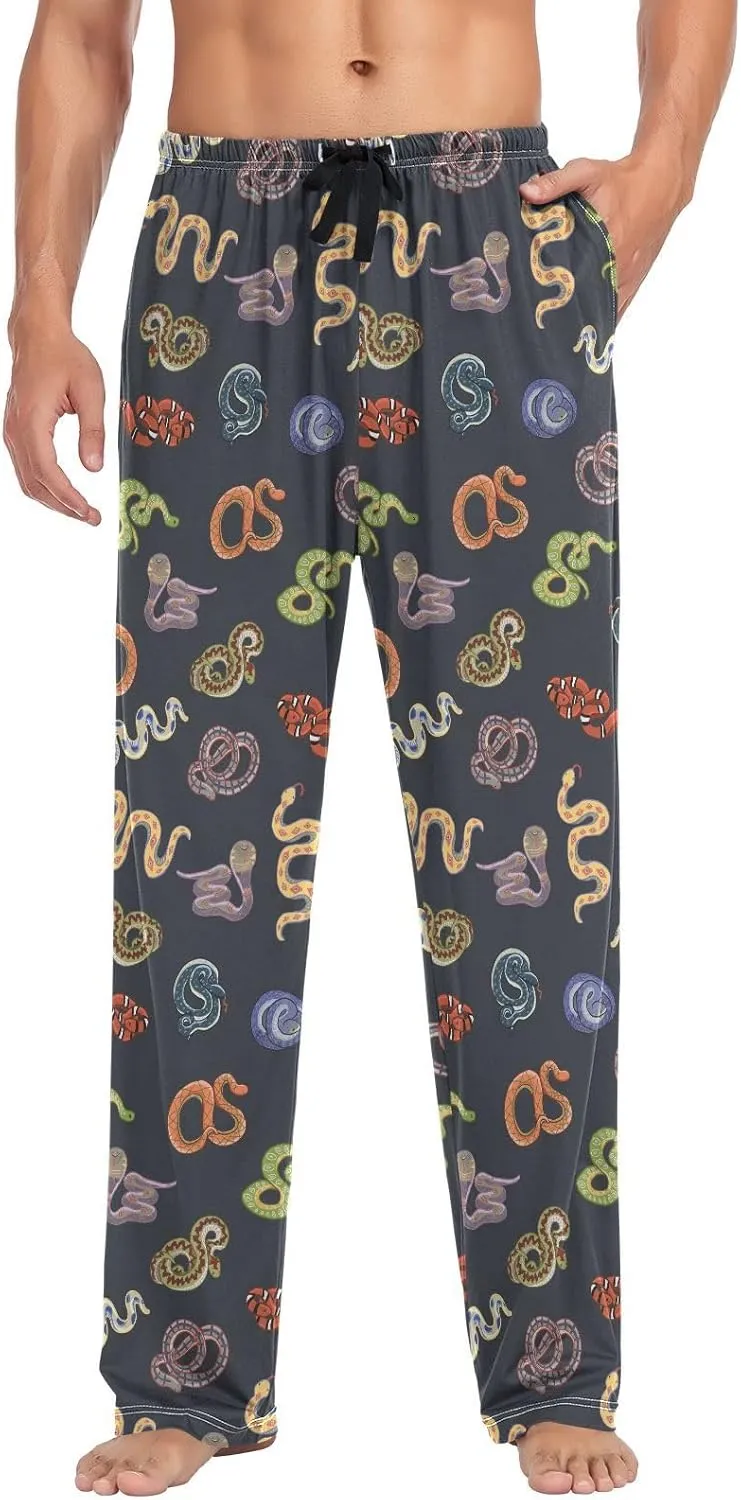 Mens Pajama Bottoms with Pockets Snake Animal Pattern Super Soft Wide Leg Sleep Lounge Pants for Men S