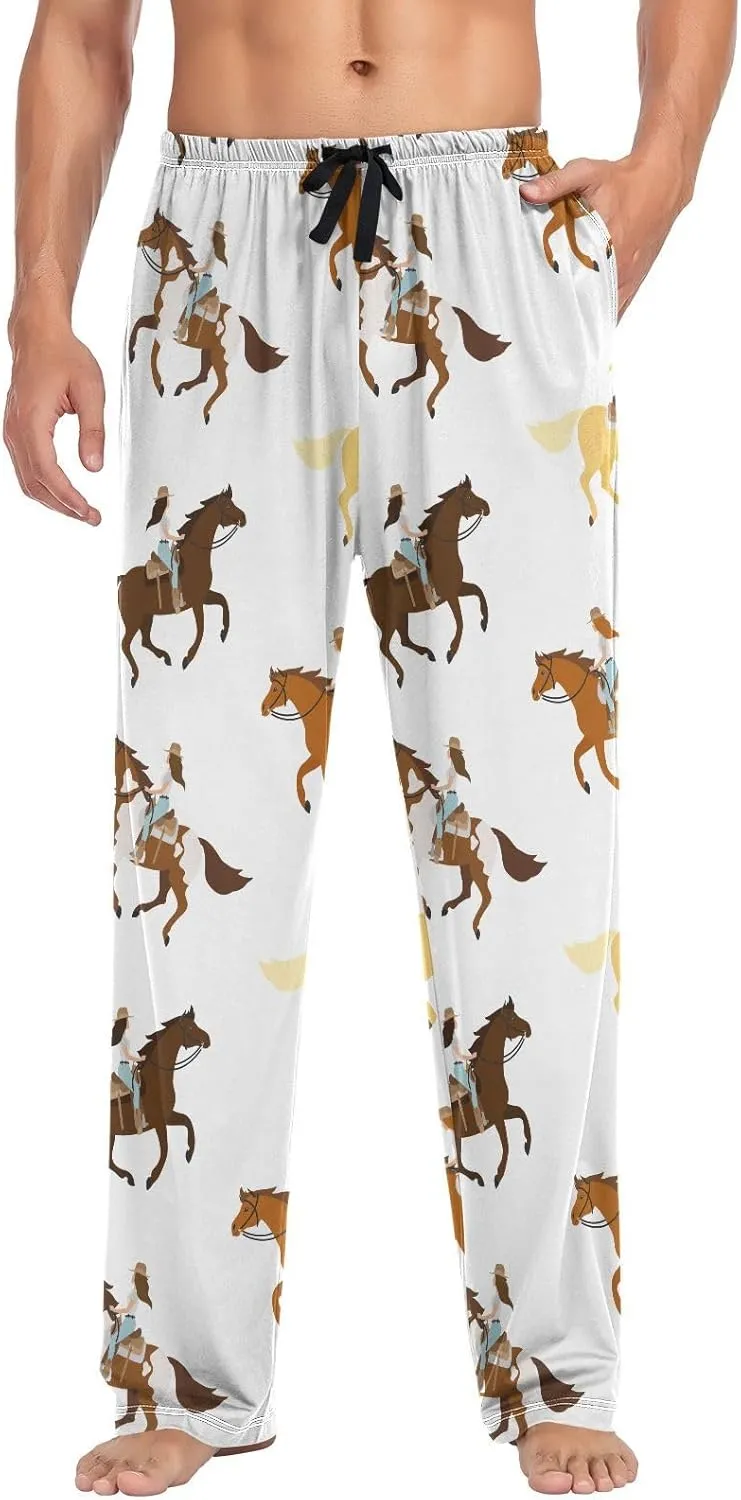 Mens Pajama Bottoms with Pockets Western Cowgirl Running Horse Super Soft Wide Leg Sleep Lounge Pants for Men S