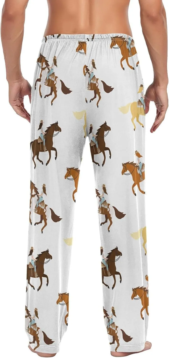 Mens Pajama Bottoms with Pockets Western Cowgirl Running Horse Super Soft Wide Leg Sleep Lounge Pants for Men S