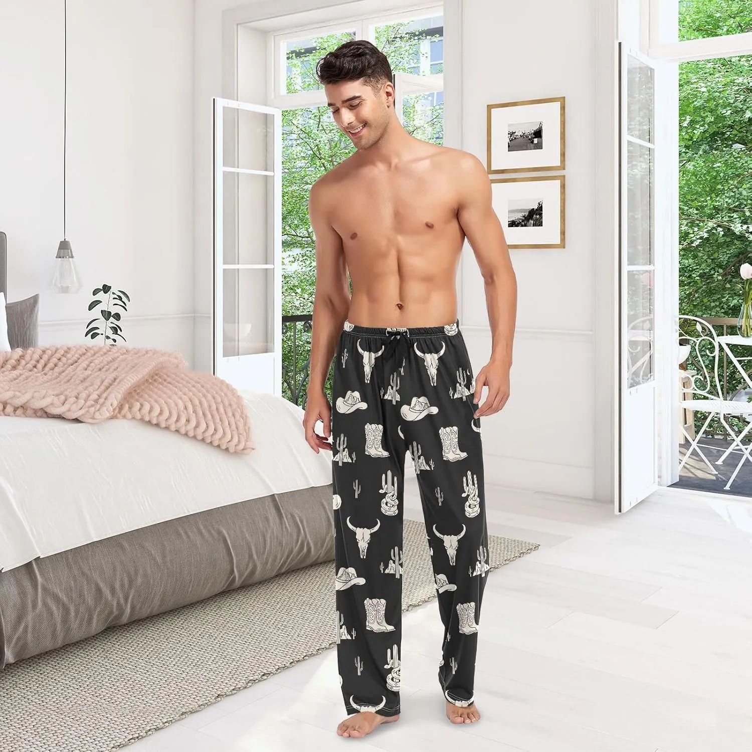 Mens Pajama Bottoms with Pockets Western Theme Super Soft Wide Leg Sleep Lounge Pants for Men S