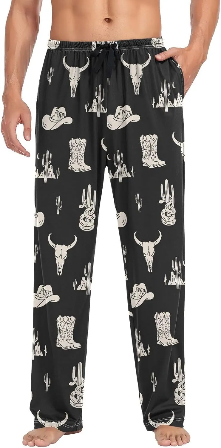Mens Pajama Bottoms with Pockets Western Theme Super Soft Wide Leg Sleep Lounge Pants for Men S