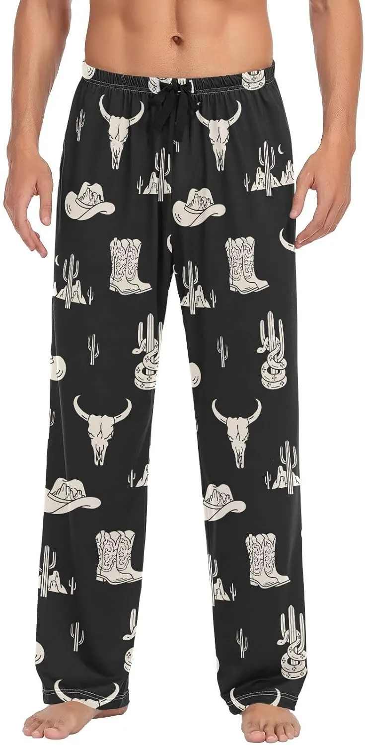 Mens Pajama Bottoms with Pockets Western Theme Super Soft Wide Leg Sleep Lounge Pants for Men S