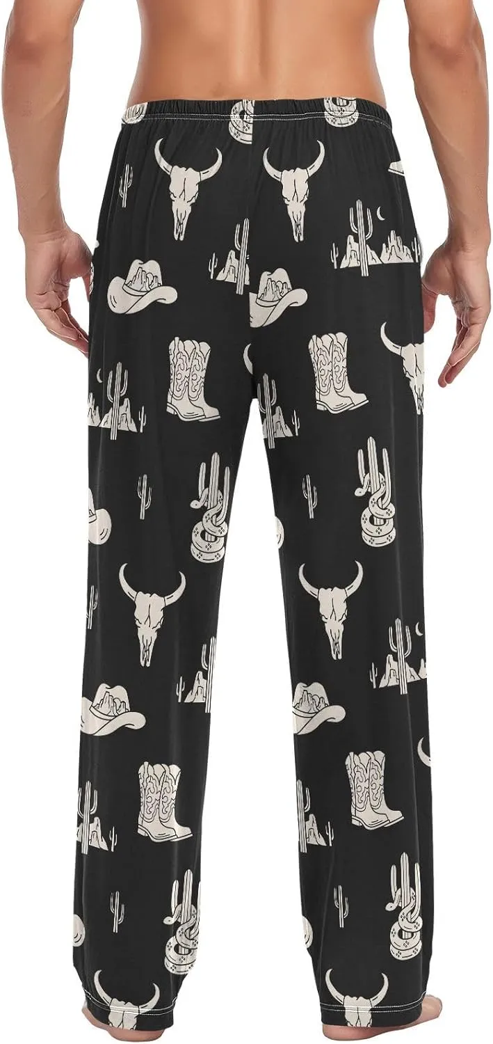 Mens Pajama Bottoms with Pockets Western Theme Super Soft Wide Leg Sleep Lounge Pants for Men S
