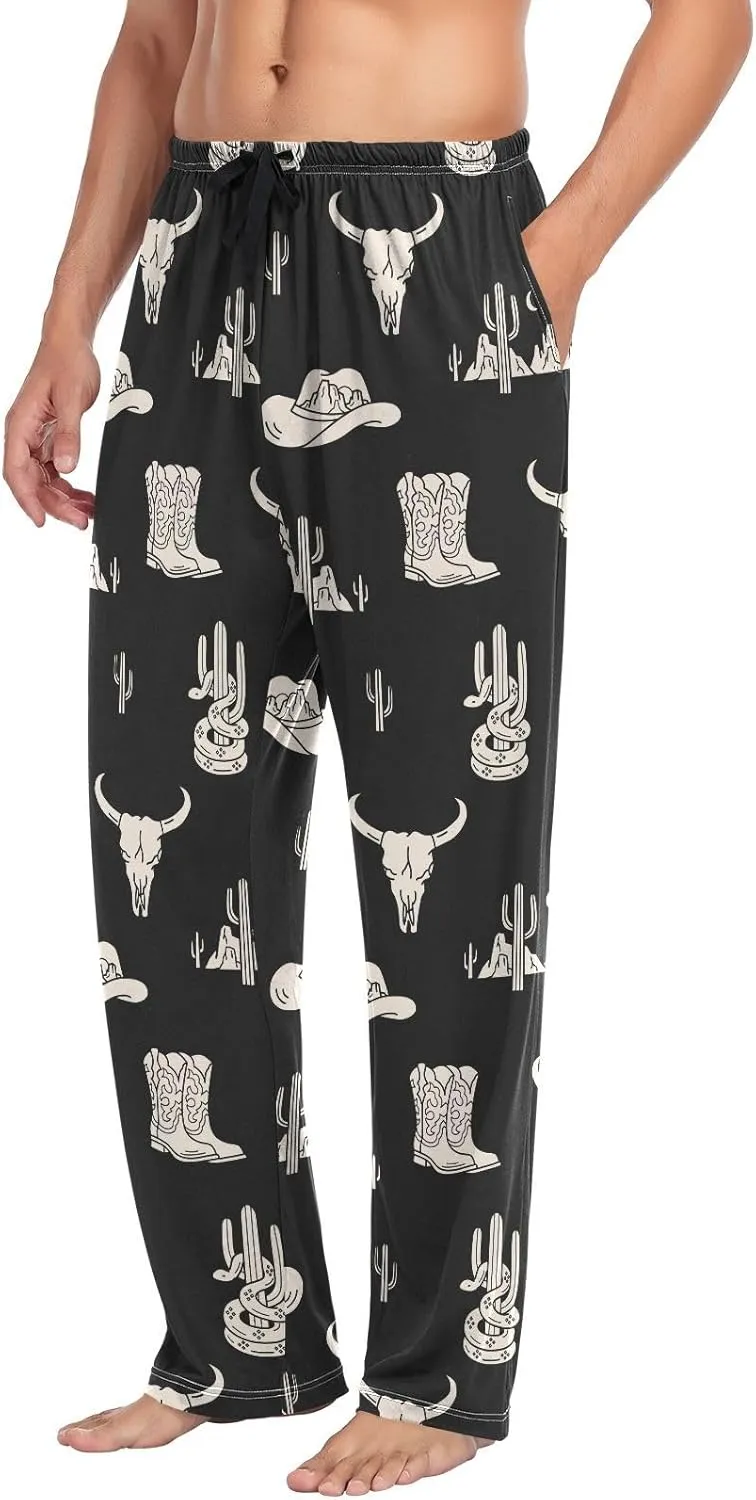 Mens Pajama Bottoms with Pockets Western Theme Super Soft Wide Leg Sleep Lounge Pants for Men S