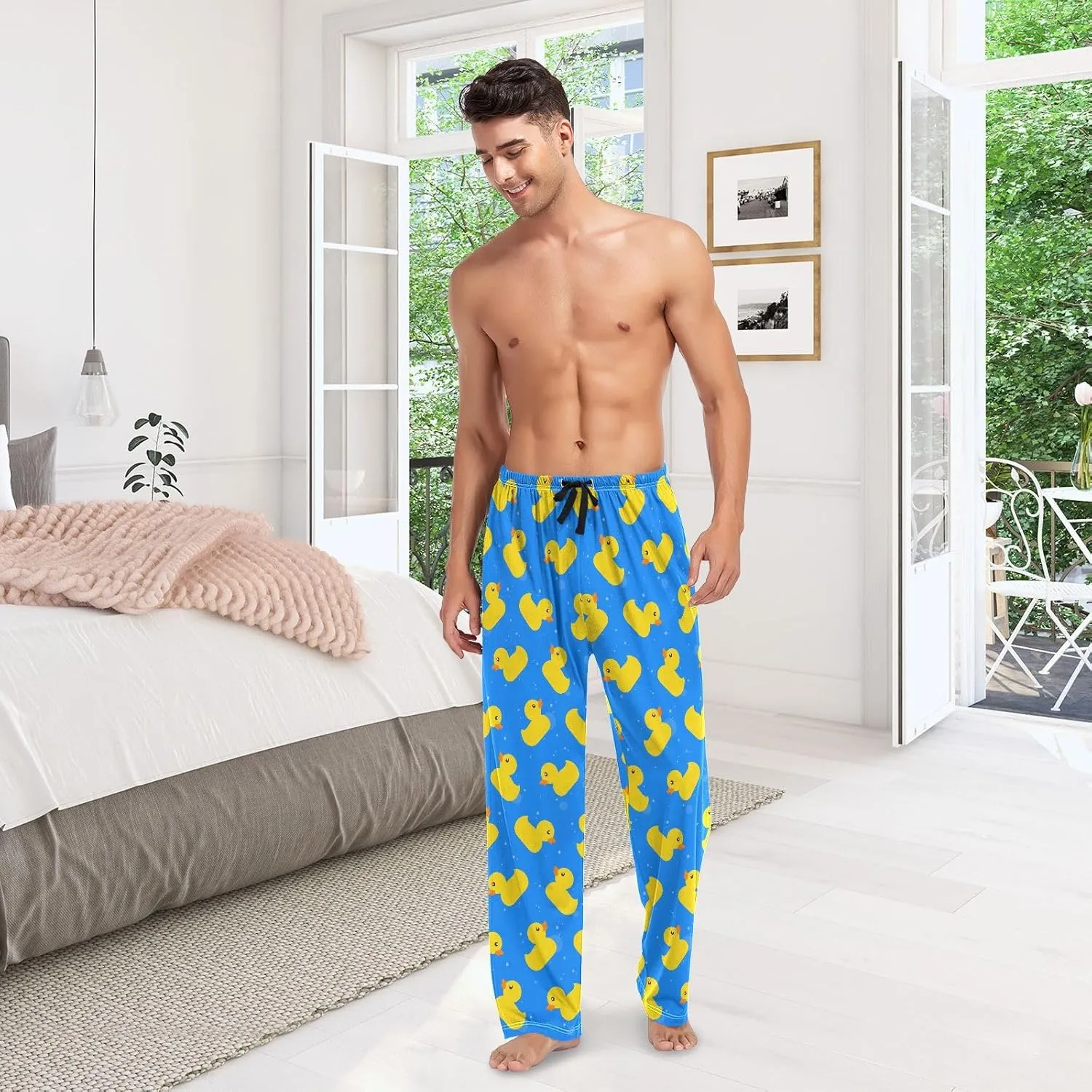 Mens Pajama Bottoms with Pockets Yellow Rubber Ducks Super Soft Wide Leg Sleep Lounge Pants for Men S