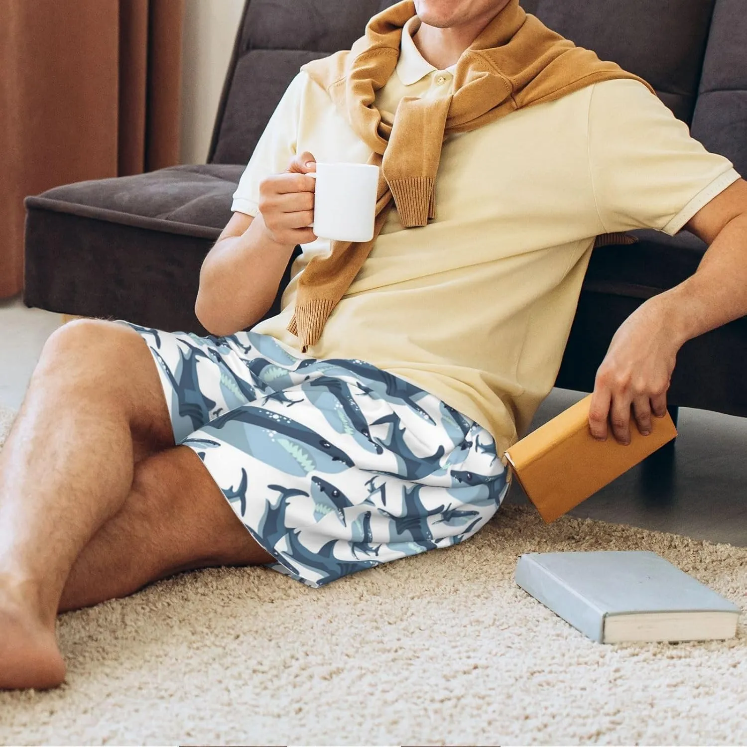 Mens Pajama Shorts with Pockets - Funny Cool Shark Soft Lounge Pj Sleep Shorts Pajama Bottoms for Men