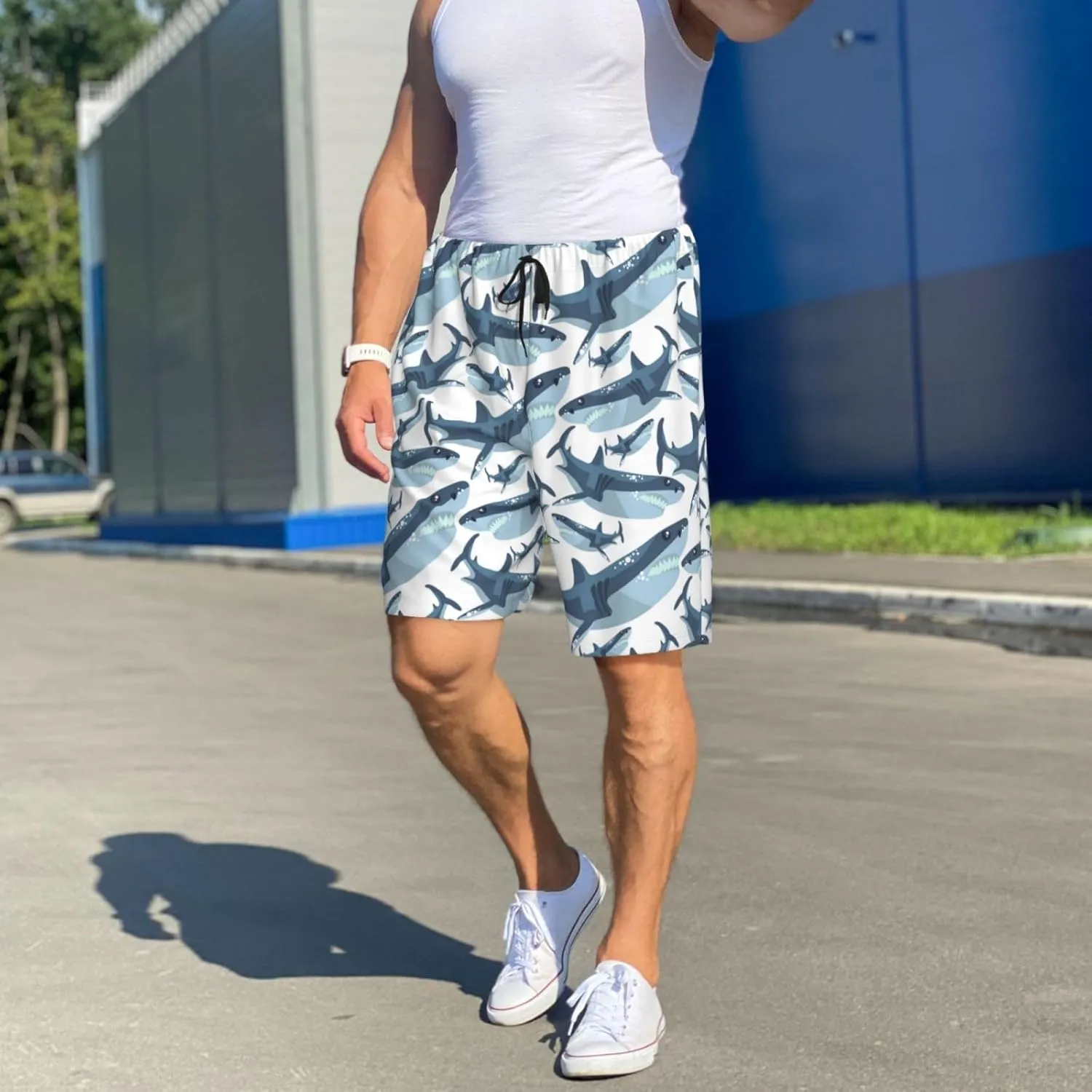 Mens Pajama Shorts with Pockets - Funny Cool Shark Soft Lounge Pj Sleep Shorts Pajama Bottoms for Men