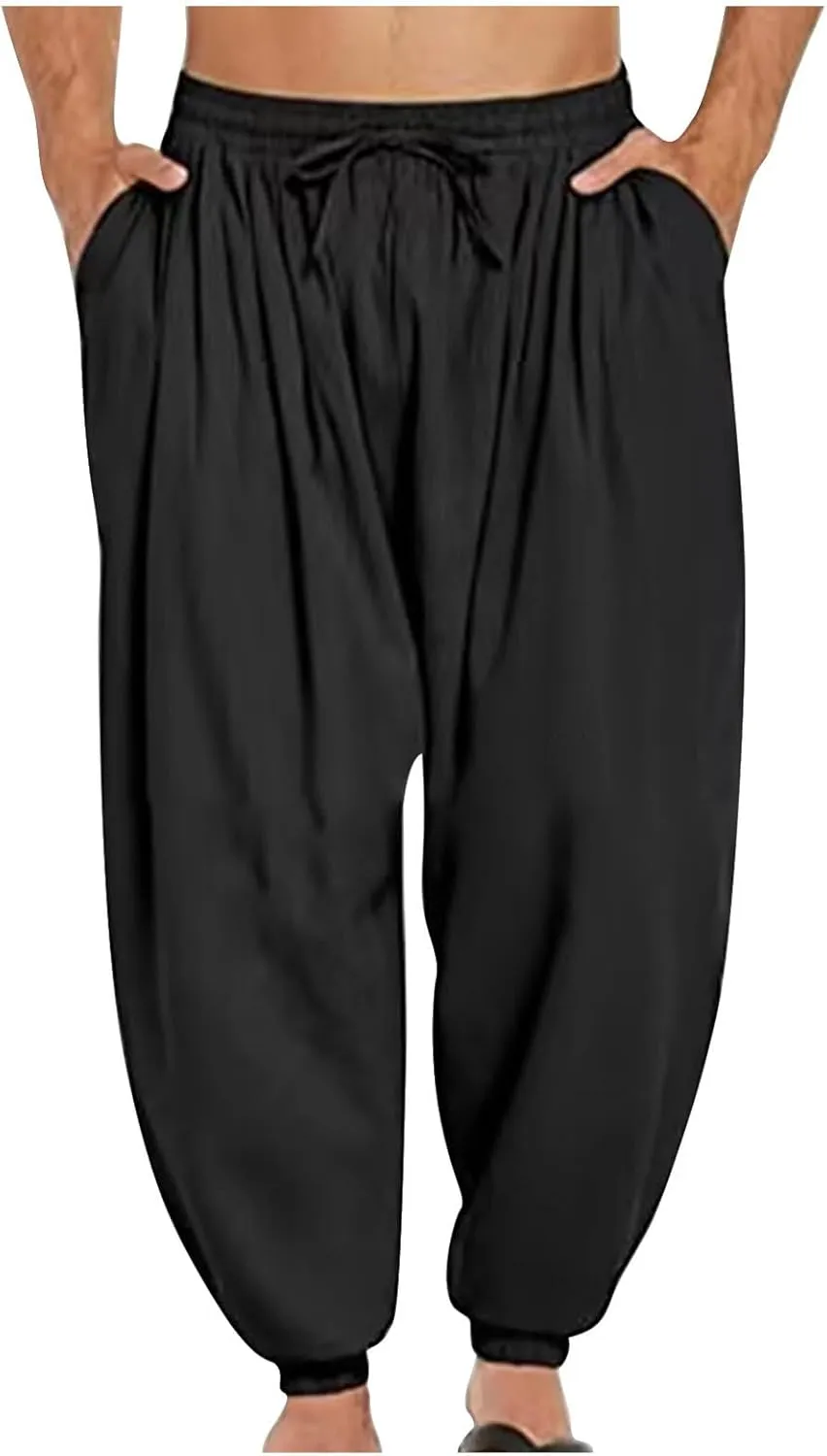 Mens Pants Casual Cinch Bottom Harem Pants Elastic Waist Drawstring Tapered Pant Baggy Breathable Jogger with Pockets