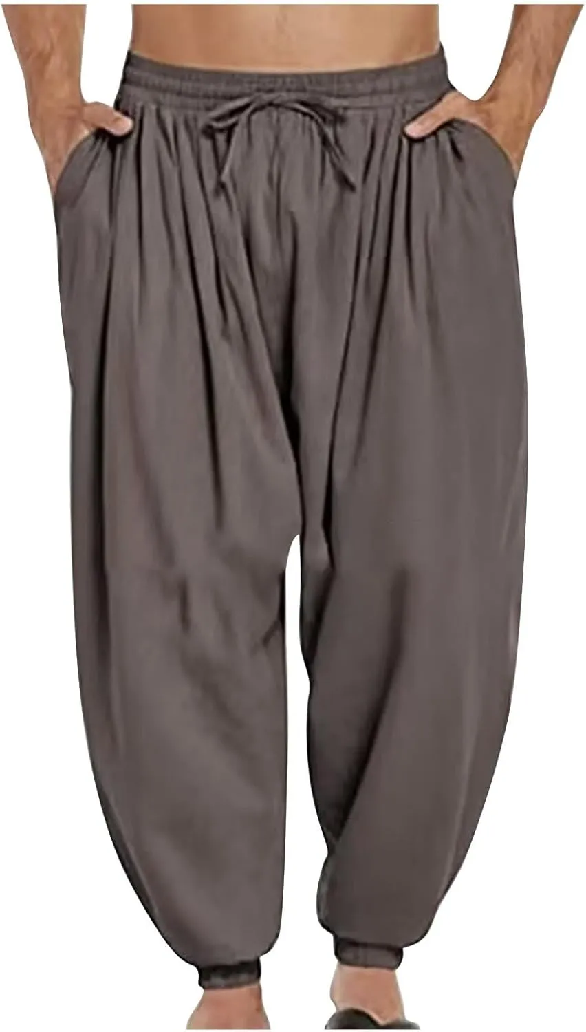 Mens Pants Casual Cinch Bottom Harem Pants Elastic Waist Drawstring Tapered Pant Baggy Breathable Jogger with Pockets